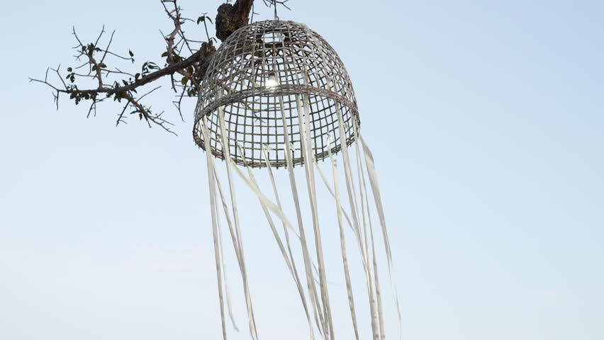 Unique handmade decorative lantern hanging from a tree branch against a serene sky backdrop, showcasing intricate design and natural elements in harmony