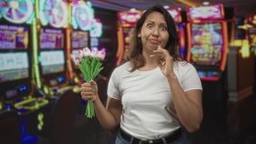 Woman holding pink tulip bouquet while pointing index finger up beside slot machines in casino; playful curiosity. - Powered by Shutterstock - Get 15% off with code: PIKWIZARD15