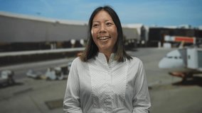 Woman smiling with open palms gesture at airport terminal tarmac near airplane outdoors; calm contentment. - Powered by Shutterstock - Get 15% off with code: PIKWIZARD15