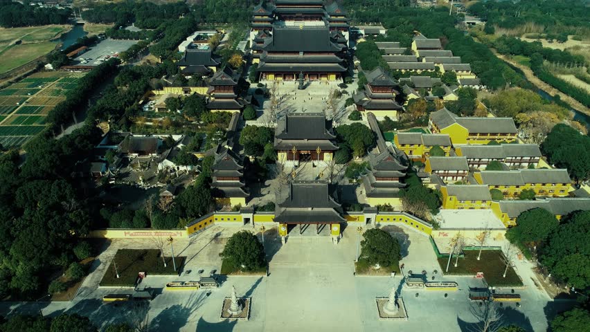 Aerial view of Chongyuan Temple in city of Suzhou in Jiangsu, China