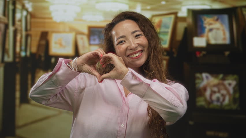 Woman smiling while forming a heart shape with hands and red nails in art gallery building, wearing pink shirt and bracelets; love joy kindness.