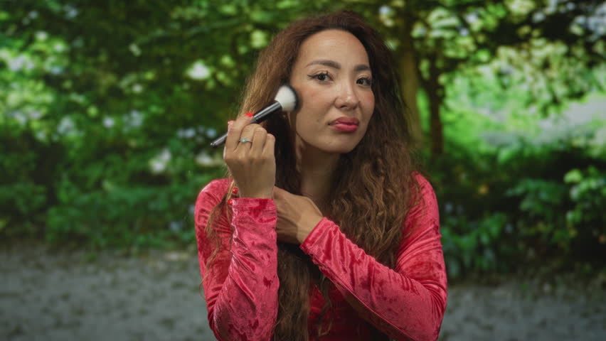 Woman in red dress applying makeup with brush to face in forest park, adjusting hair; self care confidence.