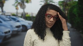 African american woman in cream sweater and red glasses touches forehead on paved city street lined with parked cars and palm trees; discomfort. - Powered by Shutterstock - Get 15% off with code: PIKWIZARD15