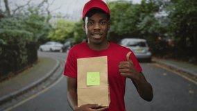 Delivery courier man in red cap and shirt holds paper bag and gives thumbs up with broad smile on urban street; approval trust reliability satisfaction. - Powered by Shutterstock - Get 15% off with code: PIKWIZARD15