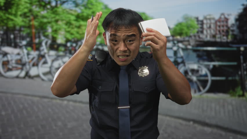 Man in uniform shows badge while writing in notepad on street by canal under bright sunlight; duty and focus.