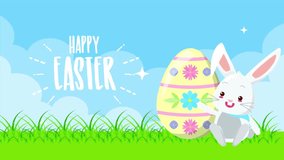 A cheerful 2D animated Easter card featuring a colorful painted egg and a cute rabbit in a cozy camp setting. The scene captures playful springtime elements, festive decorations, and holiday charm. - Powered by Shutterstock - Get 15% off with code: PIKWIZARD15