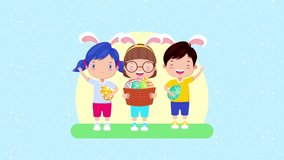A cheerful 2D animated Easter card featuring little kids playing with colorful painted eggs. The scene captures the festive spirit of Easter with playful interactions, spring decorations, and joyful  - Powered by Shutterstock - Get 15% off with code: PIKWIZARD15