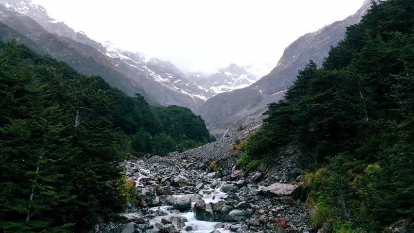 Aerial view of a river cascading through rocky terrain into lush green valleys under a cloudy sky.