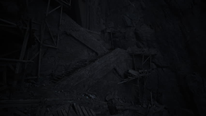 Deep within a quarry, a dilapidated structure stands as evidence of past activity. The surrounding rock and wooden supports showcase a somber atmosphere reflecting years of abandonment.