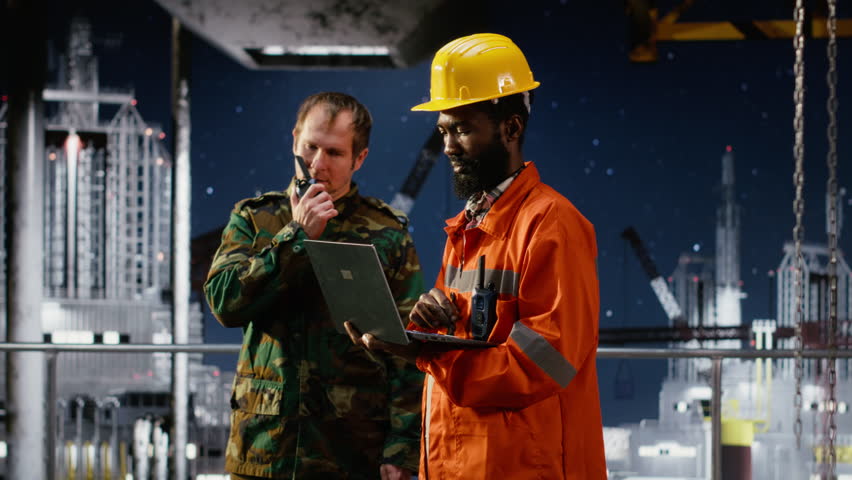 Naval soldier communicates via radio during offshore drilling operation, ensuring platform security and supporting military patrol to manage protection duties in maritime zones. Camera B.