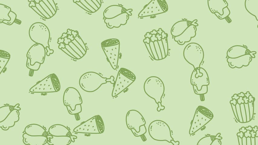 A playful animation featuring a seamless pattern of hand-drawn food doodles. Perfect for backgrounds, social media, and food-related projects.