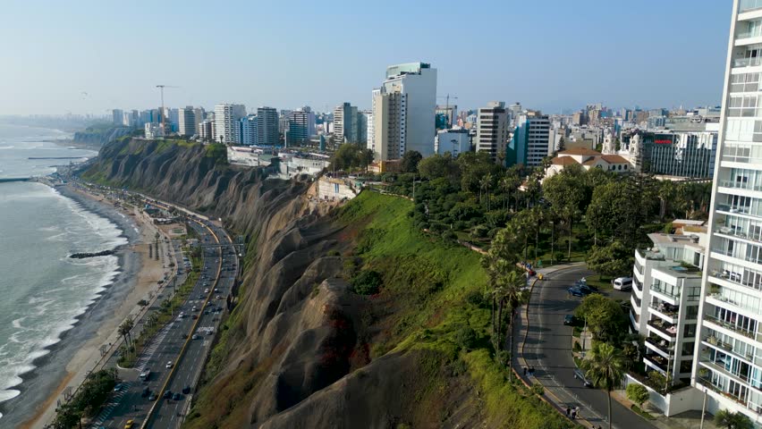 Costa Verde in Miraflores, Lima seen from a drone during a calm summer afternoon.