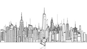 Looping animation of santa claus cartoon character running in front of a wide modern city skyline, featuring detailed skyscraper outlines. Concept of christmas and happy new year background. - Powered by Shutterstock - Get 15% off with code: PIKWIZARD15