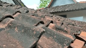 Close-up of old, weathered roof tiles with moss and lichen growth on a house roof. Perfect for home repair, architecture, and construction projects - Powered by Shutterstock - Get 15% off with code: PIKWIZARD15