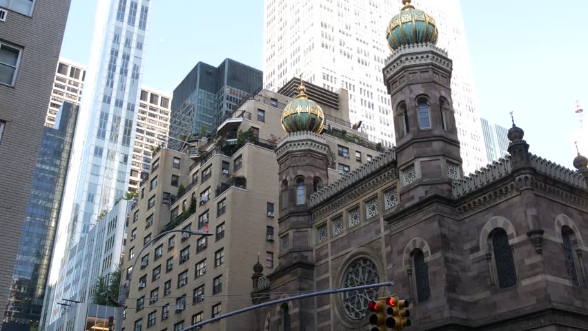 New York Central Synagogue historic building 1872, Lexington avenue, United States of America. Jewish congregation in Manhattan. Judaism religion landmark. Turret with Star of David ornament. Heritage