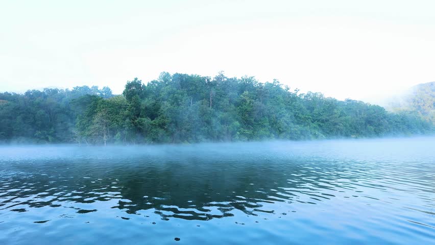 Calm Forest Lake Shrouded in Ethereal Morning Fog and Mist
