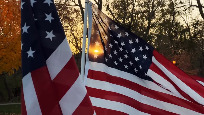 Many American flags waving slowly in the wind at sunset, capturing patriotism, national pride, and a serene, symbolic atmosphere.