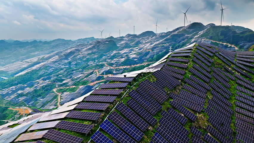 Aerial shot of massive solar power plant covering mountain slopes generating green energy under cloudy sky