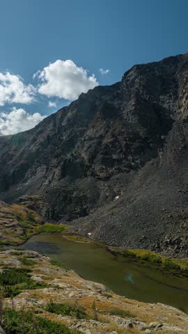Vertical Timelapse, Alpine Lake Under Steep Mountain Peaks and Clouds, Colorado USA