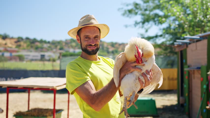 Smiling male farmer holding a white chicken in her farm