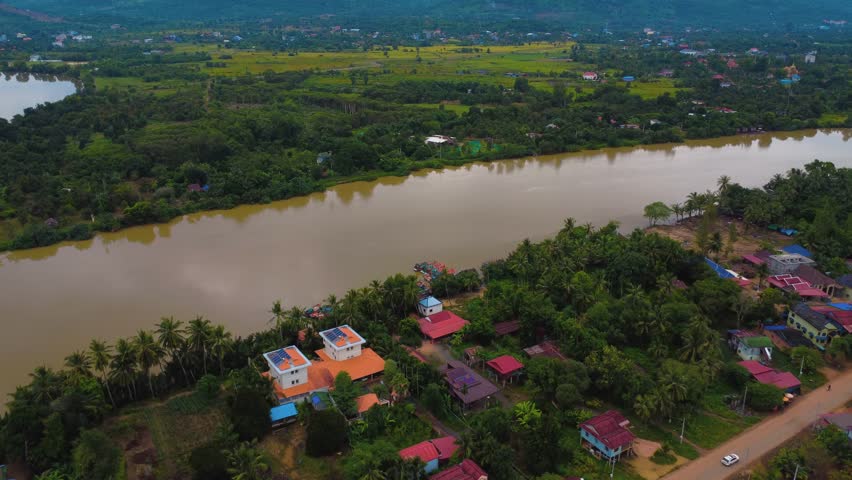 Mekong river rural Cambodia Southeast Asia countryside lush green hills