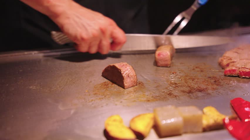 Kobe Beef Wagyu Being Grilled on Teppan