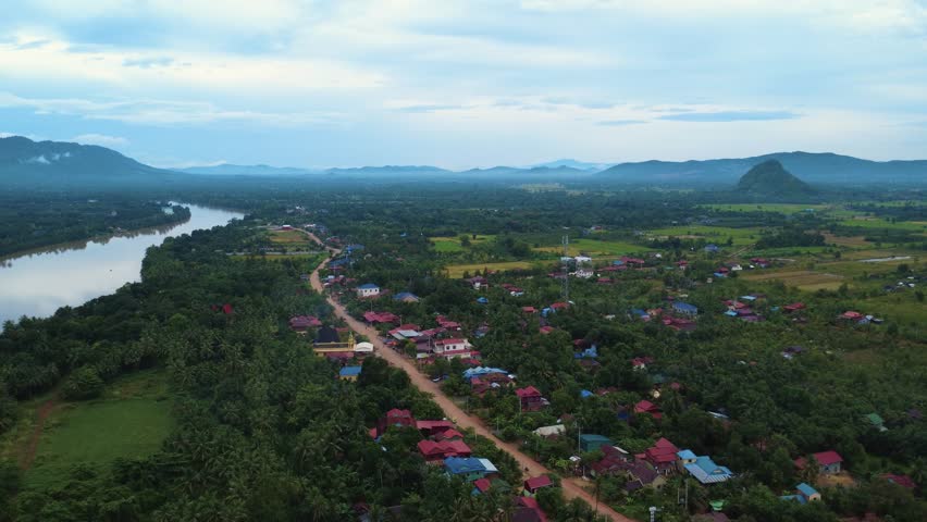 Rural Cambodia Southeast Asia village near Mekong river lush tropical forest