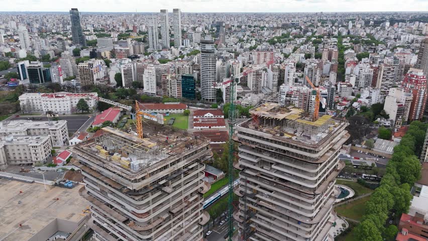 Aerial view of Buenos Aires skyline, skyscrapers, construction, urban life