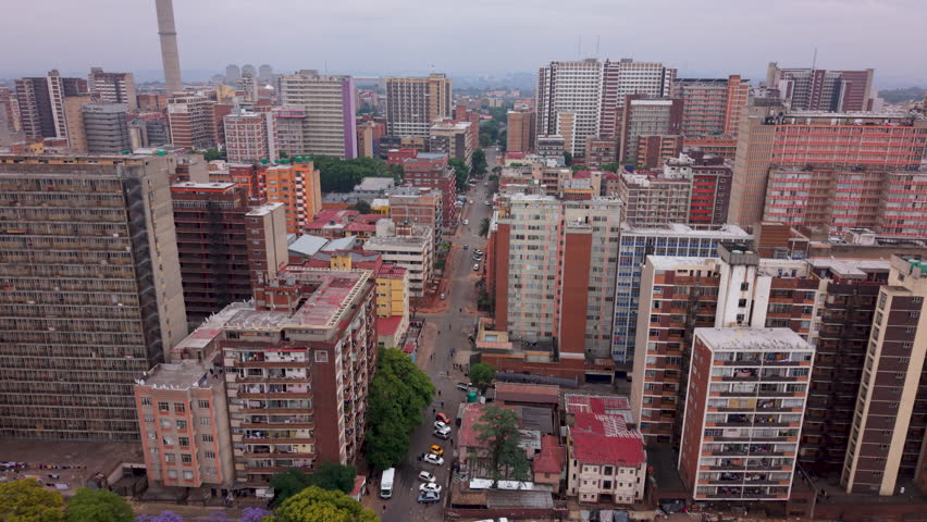 Tower blocks, high rise buildings in densely populated inner city residential neighborhood of Hillbrow, in Johannesburg, South Africa.