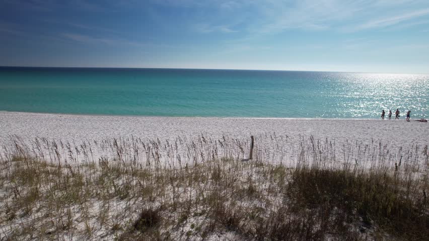 White sand dunes meet the emerald Gulf of Mexico under a bright blue sky. A wide shot captures beachgoers enjoying the clear water and the pristine, sunny shoreline.