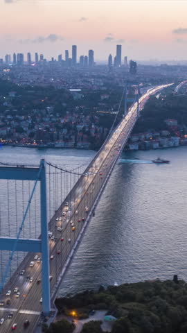 Aerial panoramic hyper lapse shot of Large cable-stayed bridge over Bosporus at sunset. Visual effects highlighting heavy traffic and marking points of interest. Istanbul, Turkey