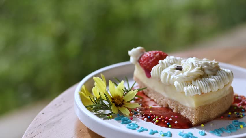 Festive Christmas Cheesecake Slice with Strawberry and Whipped Cream