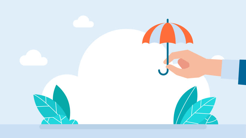 Businessman in a suit holds an open umbrella over a chess piece. Protecting business strategy. Insurance protecting business strategy. Chess King. Chess piece and umbrellas. 2d flat animation