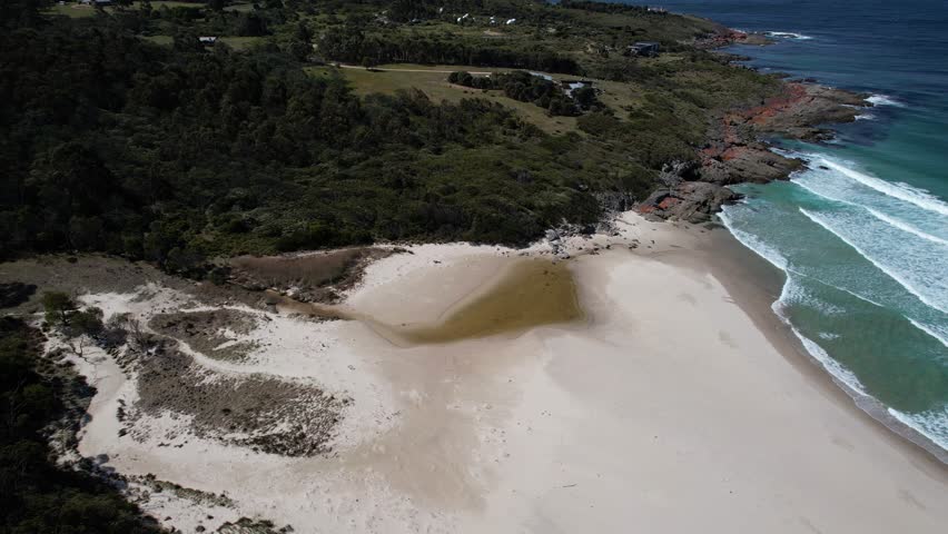 Ocean Waves And White Sandy Shore, Little Beach Cove, Chain Of Lagoons, Tasmania, Australia - Drone Shot