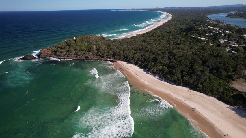 Beach And Coastal Village At Fingal Headland In Northern Rivers, New South Wales, Australia. Aerial Drone Shot