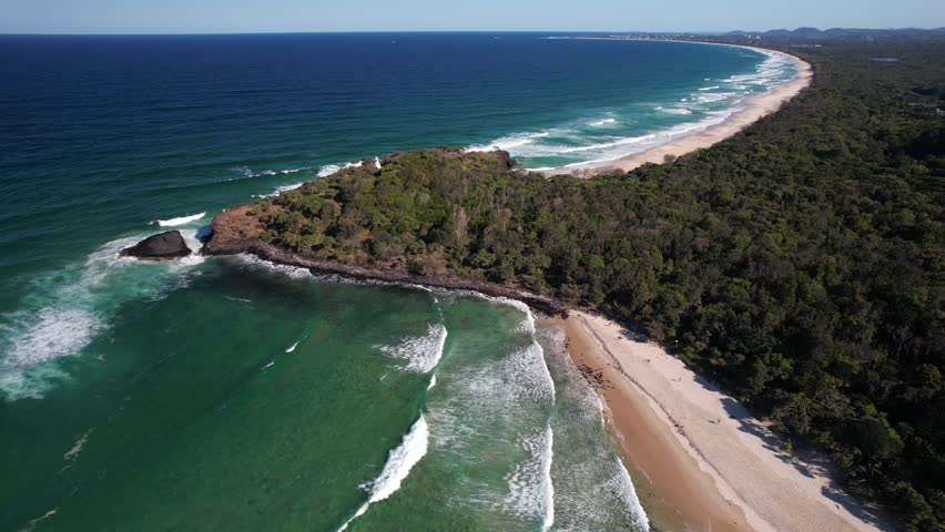 Fingal Head Beach In Northern Rivers, New South Wales, Australia. Aerial Pullback Shot