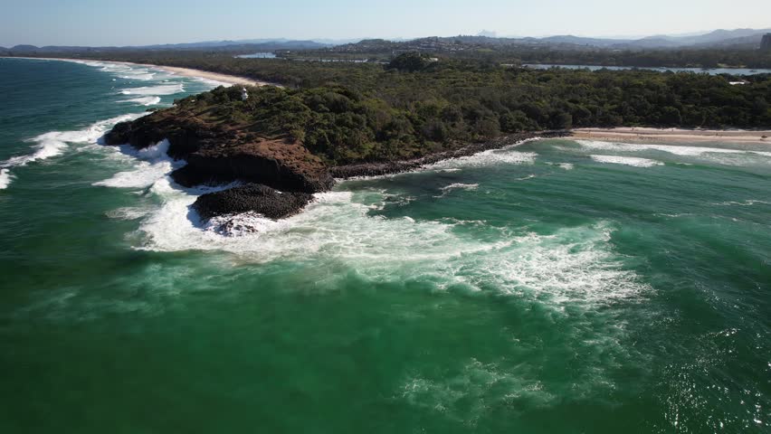 Foamy Crashing Waves Breaking Over Fingal Head Causeway In Northern Rivers, New South Wales, Australia. Aerial Drone Shot