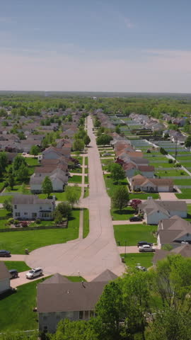 Aerial view of a suburban neighborhood with blue and red houses representing political party support during us elections with Trump election. Green trees and clear skies frame the community scene
