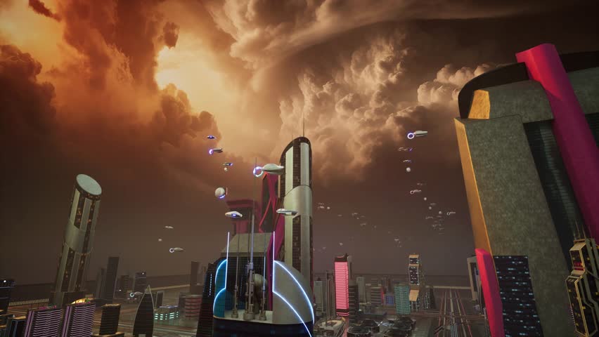 A photorealistic 3D CGI cinematic establishing shot of a dystopian, post-apocalyptic cyberpunk city. Features towering neon ruins, flying vehicles, and a dramatic orange sky. Ideal for Sci-Fi, game en - Powered by Shutterstock - Get 15% off with code: PIKWIZARD15