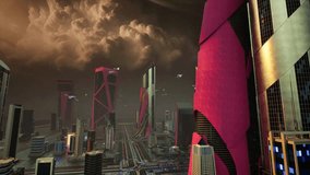 A photorealistic 3D CGI cinematic establishing shot of a dystopian, post-apocalyptic cyberpunk city. Features towering neon ruins, flying vehicles, and a dramatic orange sky. Ideal for Sci-Fi, game en - Powered by Shutterstock - Get 15% off with code: PIKWIZARD15