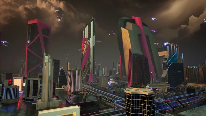 A photorealistic 3D CGI cinematic establishing shot of a dystopian, post-apocalyptic cyberpunk city. Features towering neon ruins, flying vehicles, and a dramatic orange sky. Ideal for Sci-Fi, game en - Powered by Shutterstock - Get 15% off with code: PIKWIZARD15