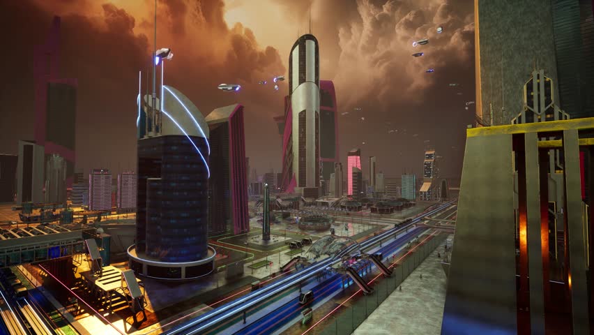 A photorealistic 3D CGI cinematic establishing shot of a dystopian, post-apocalyptic cyberpunk city. Features towering neon ruins, flying vehicles, and a dramatic orange sky. Ideal for Sci-Fi, game en - Powered by Shutterstock - Get 15% off with code: PIKWIZARD15