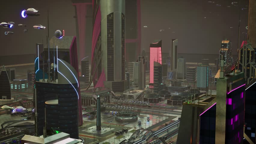 A photorealistic 3D CGI cinematic establishing shot of a dystopian, post-apocalyptic cyberpunk city. Features towering neon ruins, flying vehicles, and a dramatic orange sky. Ideal for Sci-Fi, game en - Powered by Shutterstock - Get 15% off with code: PIKWIZARD15