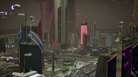 A photorealistic 3D CGI cinematic establishing shot of a dystopian, post-apocalyptic cyberpunk city. Features towering neon ruins, flying vehicles, and a dramatic orange sky. Ideal for Sci-Fi, game en - Powered by Shutterstock - Get 15% off with code: PIKWIZARD15