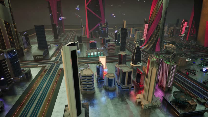 A photorealistic 3D CGI cinematic establishing shot of a dystopian, post-apocalyptic cyberpunk city. Features towering neon ruins, flying vehicles, and a dramatic orange sky. Ideal for Sci-Fi, game en - Powered by Shutterstock - Get 15% off with code: PIKWIZARD15