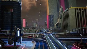 A photorealistic 3D CGI cinematic establishing shot of a dystopian, post-apocalyptic cyberpunk city. Features towering neon ruins, flying vehicles, and a dramatic orange sky. Ideal for Sci-Fi, game en - Powered by Shutterstock - Get 15% off with code: PIKWIZARD15