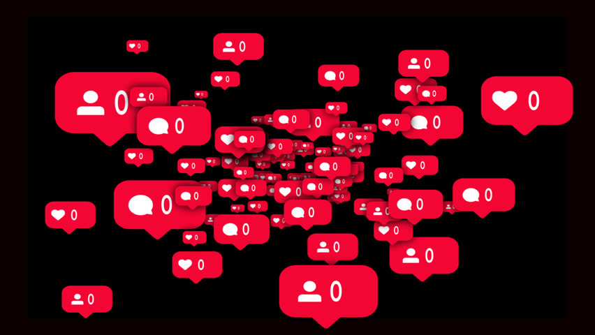 Particle fly-through social media statistics: likes, comments, followers. Parallax space tunnel movement SMM falling data counter. Digital marketing space fly. Notification icons swarm toward camera.