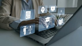 E-learning education.Person using computer with digital E-learning icons.E-learning and online education technology concept.Digital internet lessons and online webinar on virtual screen. - Powered by Shutterstock - Get 15% off with code: PIKWIZARD15
