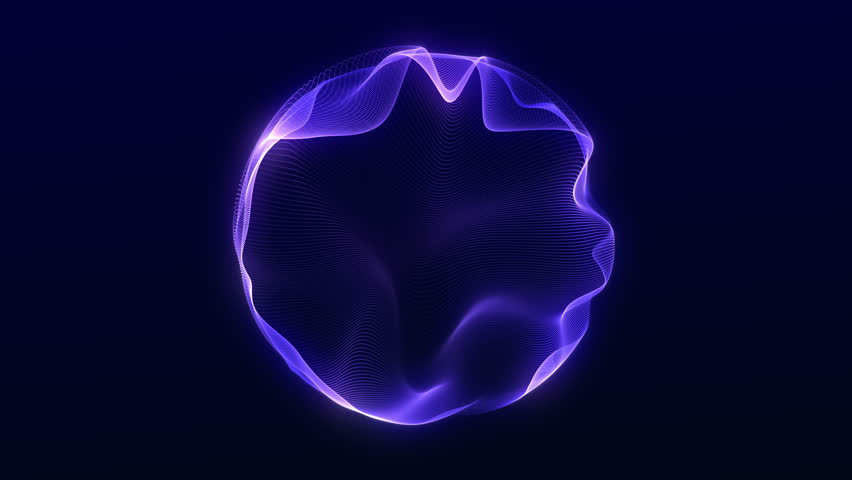 Looping animation of a soft glowing purple neon orb made of flowing digital waves. Smooth circular motion, elegant futuristic vibe and subtle particle glow.
