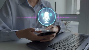 Person interacting through microphone with AI Agent voice chat.AI assistant voice chat interface. Digital communication, speech recognition, and smart technology enabling natural conversation. - Powered by Shutterstock - Get 15% off with code: PIKWIZARD15